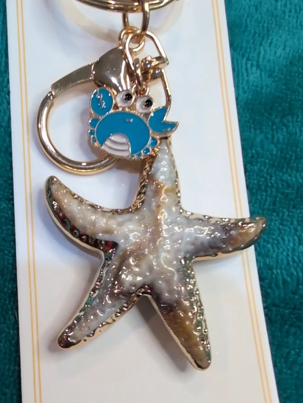 Gold Starfish Keychain with Turquoise Crab Charm